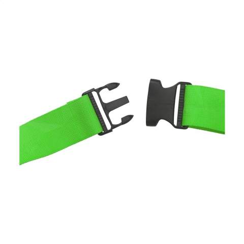 Luggage strap made from sturdy polyester with a plastic click closure. Including a personalised full colour print on both sides. Also possible with different designs on the front and back. Adjustable to a minimum of 130 cm and a maximum of 190 cm. The wide strap provides extra strength and recognition of your suitcase.
