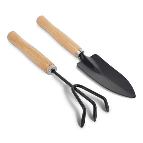 Râteau et bêche de jardin portatifs en acier A3 et bois d'eucalyptus, idéaux pour les petits jardins et les plantes d'intérieur.
