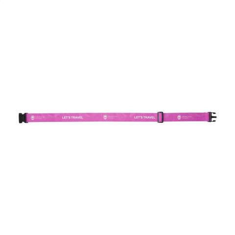 Luggage strap made from sturdy polyester with a plastic click closure. Including a personalised full colour print on both sides. Also possible with different designs on the front and back. Adjustable to a minimum of 130 cm and a maximum of 190 cm. The wide strap provides extra strength and recognition of your suitcase.
