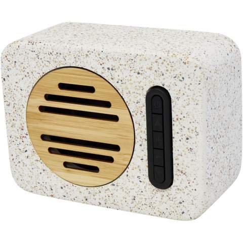 Bluetooth® speaker made of a combination of natural terrazzo and bamboo. Speaker output is 5W and it contains a 500mAh lithium polymer battery. Bluetooth® 5.0 working range up to 10 metres. This speaker allows up to 2 hours playback time at max volume, and it takes approximately 2 hours to charge from 0% to 100%. Delivered in a gift box with an instruction manual (both made of sustainable material).