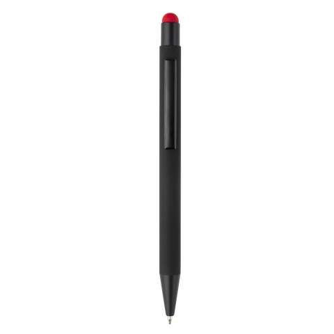 This elegant metal ball pen with black trims can be laser engraved and the logo will come out in the colour of the stylus tip. Writing colour: blue.