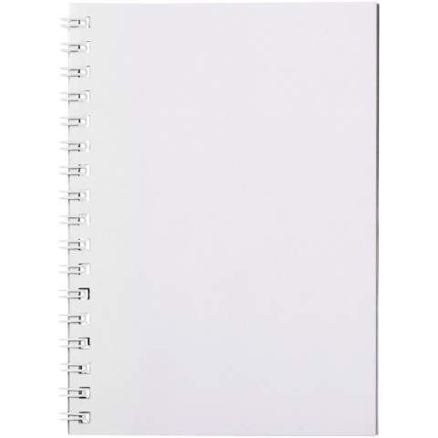 Desk-Mate® spiral A6 notebook. Includes 50 blank sheets of 80g/m2 paper, a glossy card front cover (250 g/m2) and a 450 micron transparent polypropylene cover. Black or white wire. You can customise the pages of this versatile notebook with any design - so whether you want lined paper, squares or dots - anything is possible!