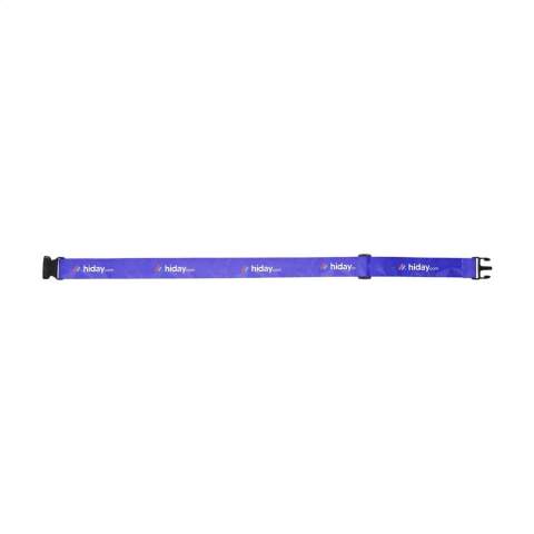 Luggage strap made from sturdy polyester with a plastic click closure. Including a personalised full colour print on both sides. Also possible with different designs on the front and back. Adjustable to a minimum of 130 cm and a maximum of 190 cm. The wide strap provides extra strength and recognition of your suitcase.
