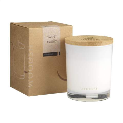 Exclusive Wooosh Sweet Vanilla scented candle poured into a beautifully polished glass jar with a bamboo lid. This candle creates a soothing atmosphere in your home. The scented candle is made from eco-friendly soy wax with 5% aromatic fragrance oil. As soon as the fuse is lit, the wax melts and a delicious, sweet vanilla scent spreads throughout the room. This warm, inviting scent will be appreciated by everyone and fits every season. With 14 burning hours, this luxurious scented candle fits into any interior.  When you light the candle for the first time, let the top layer of wax melt completely. This ensures an even burn and the best possible fragrance experience. The perfect gift for any occasion. Each item is supplied in a luxurious Wooosh gift box.