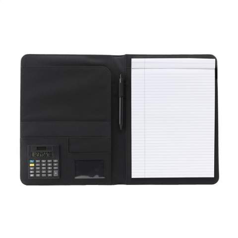 Conference/document folder made of 600 D polyester/imitation leather in A4 format. Incl. detachable dual power calculator (incl. battery) writing pad and ballpoint pen.