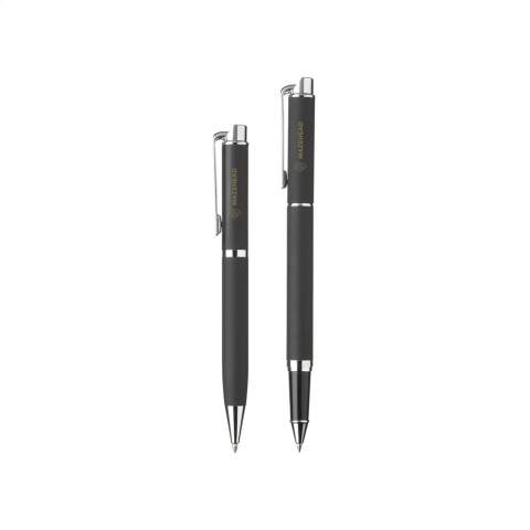 Metal writing set: blue ink pen and rollerpen. Both with stylish rubberised finish, beautifully designed top with clip and glossy accents. Items supplied as a set with, each set individually boxed.