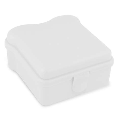 Lunchbox in de vorm van een boterham. De broodtrommel is gemaakt uit één deel. Met een clip aan de voorkant voor het afsluiten van de lunchbox. Geproduceerd in Duitsland.