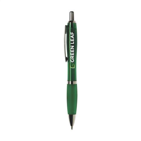 Blauschreibender oder schwarzschreibender Kugelschreiber mit transparentfarbener Gehäuse, grifffestem Vorderteil und Metallclip.