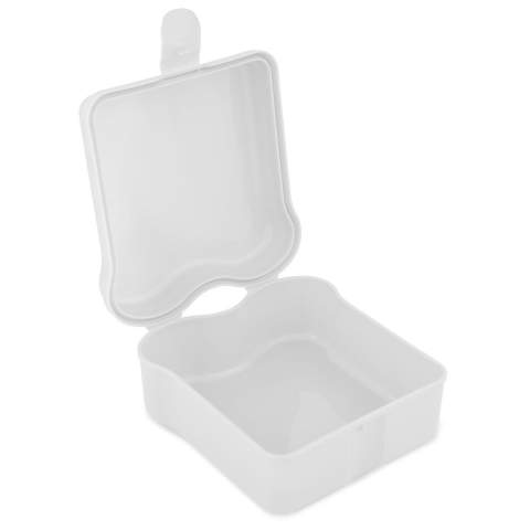 Lunchbox in de vorm van een boterham. De broodtrommel is gemaakt uit één deel. Met een clip aan de voorkant voor het afsluiten van de lunchbox. Geproduceerd in Duitsland.