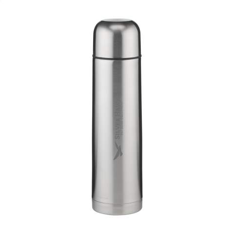 Double-walled, vacuum-insulated, stainless steel thermo bottle. Extremely durable and unbreakable. The vacuum between the walls insulates the contents and keeps drinks hot or cold for a longer period of time. With screw cap/drinking cup and handy push-pour system. Leak proof. Capacity 1,000 ml. Each item is individually boxed.