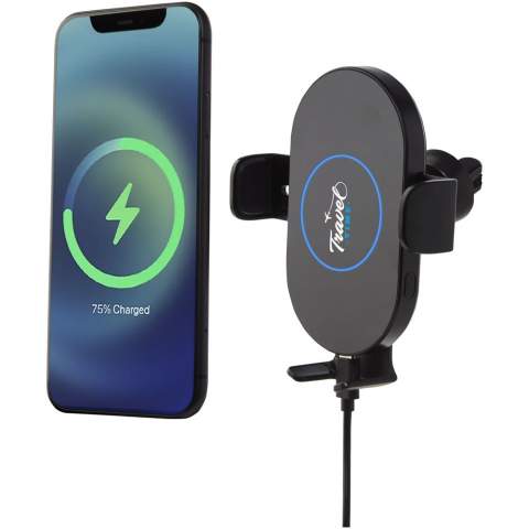 15W universal car phone holder and charger. With its FOD (Foreign Object Detection) sensor, this charger can easily be operated with one hand. Simple place the device on the charger and it will tighten automatically. Ideal for satellite navigation and for charging the phone while on the road. The phone can be placed in a vertical or horizontal position thanks to the 360° rotating clip. Compatible with all Qi devices (iPhone 8 or above and Android devices that supports wireless charging) and it also supports fast charging. Input 12V/1.67A. Wireless output: 15W (max). Comes with a 100 cm TPE Type-C cable and an instruction manual. Delivered in a premium kraft paper box with a colourful sticker.