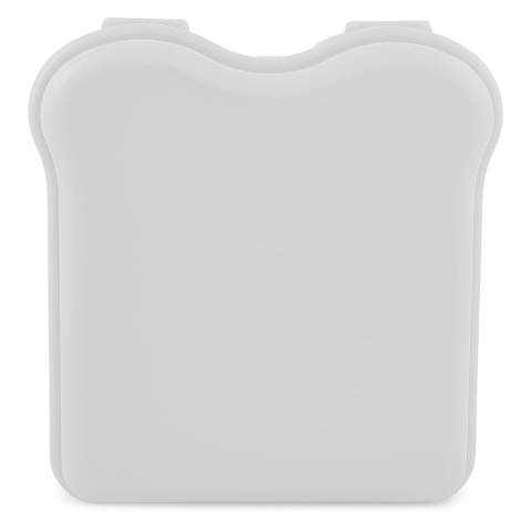 Lunchbox in de vorm van een boterham. De broodtrommel is gemaakt uit één deel. Met een clip aan de voorkant voor het afsluiten van de lunchbox. Geproduceerd in Duitsland.