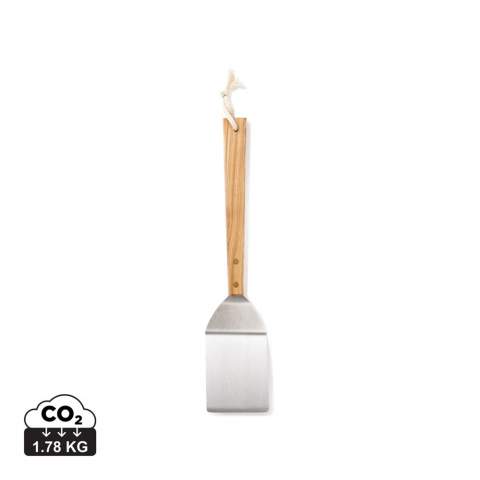 A solid stainless steel spatula, perfect for frying fish or pizza. Ash wood handle.