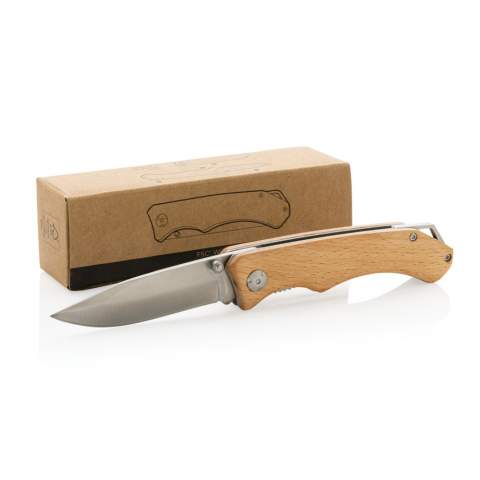 Large outdoor knife with high quality stainless steel (420) blade. The knife comes with an integrated lock, keyring hole and clip on the back. Blade is food safe. Rockwell hardness 45-55. Packed in FSC mix kraft box.<br /><br />PVC free: true