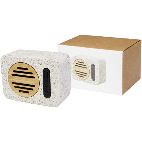 Bluetooth® speaker made of a combination of natural terrazzo and bamboo. Speaker output is 5W and it contains a 500mAh lithium polymer battery. Bluetooth® 5.0 working range up to 10 metres. This speaker allows up to 2 hours playback time at max volume, and it takes approximately 2 hours to charge from 0% to 100%. Delivered in a gift box with an instruction manual (both made of sustainable material).