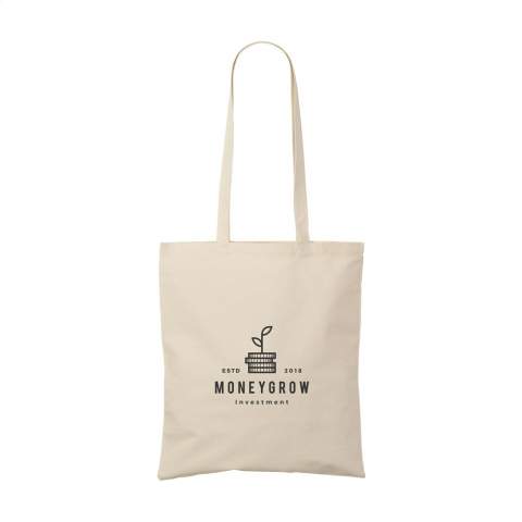 WoW! Sustainable shopping bag made from 100% firm-woven recycled cotton (180 g/m²). With long handles. GRS certified. Capacity approx. 7 litres.  If you choose this product, you choose sustainable cotton. This cotton is recycled. As a result, the colour may vary per product.