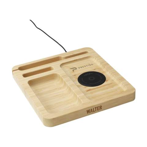 Desk organizer and wireless 15W phone charger in one, with cable with USB-C connector. This desk accessory is made from bamboo. The built-in magnetic wireless fast charger is compatible with all devices that support Qi wireless charging. Give this organizer a permanent place on your desk and collect your coins, paper clips, stationery, glasses, keys or your wallet. This way, your desk is tidy and all important things are clearly arranged. Includes user manual. Each item is supplied in an individual brown cardboard box.