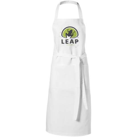 Whether equipped with or without a logo, protecting beautiful clothes while cooking is easy with the Viera apron. The apron consists of 240 g/m² twill (65% polyester and 35% cotton), which makes the apron thick and sturdy, while still soft and comfortable to wear. The two front pockets offer a quick way to store kitchen essentials, and the 1-metre-long bow tie makes this apron a one-size-fits-all. Besides this, the Viera apron offers multiple options for adding any logo.