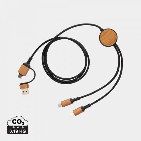 120 cm long luxury multi cable made with certified recycled materials. Comes with 4 different connectors: USB C in, USB A in, type C out, IOS out and micro USB out. This also allows you to use the cable with type C output devices that are included in the newer generation of phones and macbook computers. The cable also has a USB A output input option so it can charge any device from any output source. Casing and connectors made from FSC® Cherry wood and RCS certified recycled polyester cables (outer material) and RCS certified recycled TPE (inner material). Total recycled content: 46% based on total item weight. Max cable length: 120 cm. Packed in FSC®mixed kraft sleeve packaging. PVC free. Suitable for charge and sync. Max supported current 5V/2A.<br /><br />PVC free: true