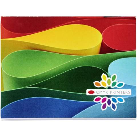 Sticky-Mate® sticky notes with a convenient soft cover made of paper. Includes blank paper sheets of 80g/m2. The soft cover does not only prevent damages to the content, but also offers additional advertising space. Sheet dimension: 100x75mm. Three sizes available: 25 sheets (21099001), 50 sheets (21099002), 100 sheets (21099004).  