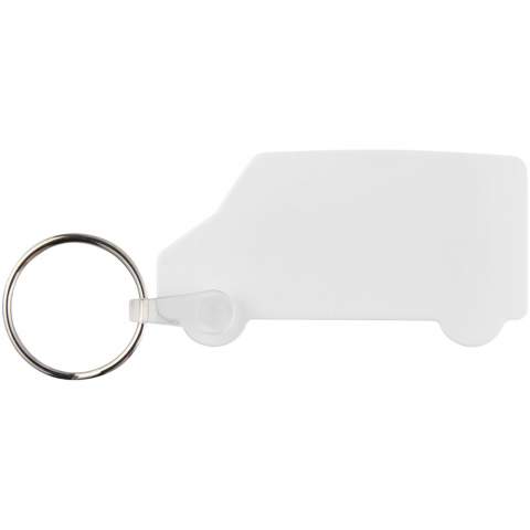 Witte busvormige sleutelhanger met metalen gesplitste sleutelring. De metalen lusring biedt een vlak profiel dat ideaal is voor de post.
