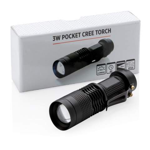 Compact but super bright 3W CREE torch that can easily be taken wherever you go because of its compact size. Includes batteries for direct use. 85 lumen and working time of about 4 hours. Made out of durable aluminium.<br /><br />Lightsource: Cree™ LED<br />LightsourceQty: 1