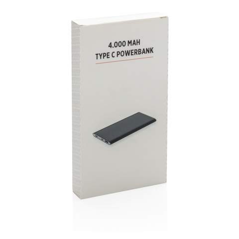 4.000 mAh Powerbank aus eloxiertem Aluminium. Die Powerbank hat sowohl einen USB Ausgang sowie einen 2.0 Typ C Ausgang. Output 5V/2.1A, Input 1A. Inklusive Micro-USB Kabel.
