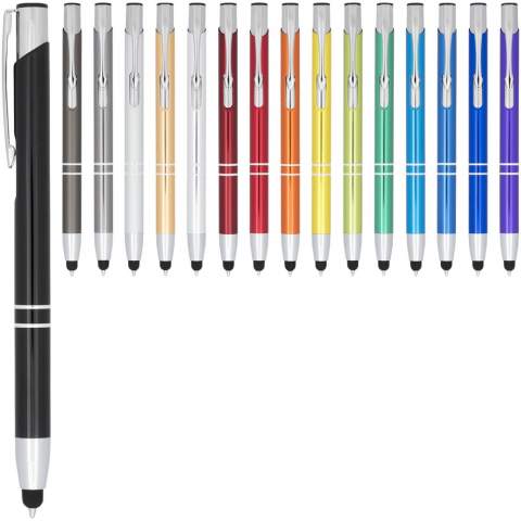Der metallisch eloxierte Kugelschreiber verfügt über einen integrierten Eingabestift an der Stiftspitze. Der Stift ist in einer Vielzahl von Farben erhältlich und hat eine eloxierte Oberfläche, die ihm einen markanten Glanz verleiht. Das umfangreiche und beliebte Moneta-Sortiment ist in vielen verschiedenen Stilen und Ausführungen erhältlich.