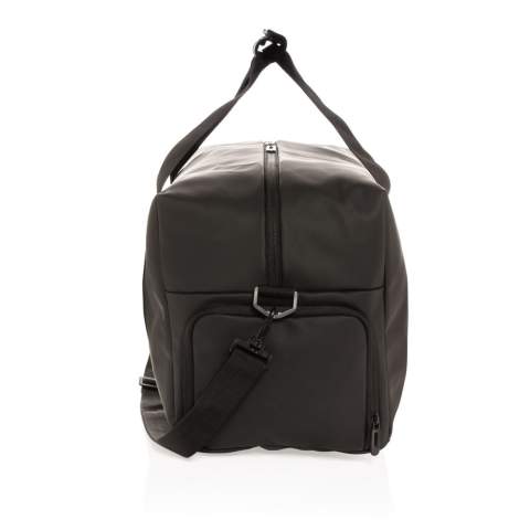 This weekend duffel made of smooth PU is suitable for daily trips to the gym as it is for a weekend getaway. It features a boxy minimalist design and has an external front pocket, inside pocket and a large main compartment. The bag has a convenient shoe compartment on the side. This bag can be worn over the shoulder or crosswise with the adjustable fabric carrying strap or carried by hand with the sturdy fabric handles. Exterior 100% PU. Interior 100% 210D polyester. PVC free.<br /><br />PVC free: true