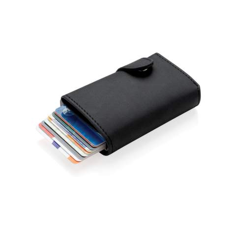 Deze solide aluminium kaarthouder is de ideale manier om je persoonlijke kaarten te dragen en te beschermen: creditcards, rijbewijs, bankpassen en andere kaarten. Past tot 6 kaarten met reliëf of 10 platte kaarten. De eenvoudige schuifknop aan de zijkant duwt de kaarten geleidelijk omhoog.