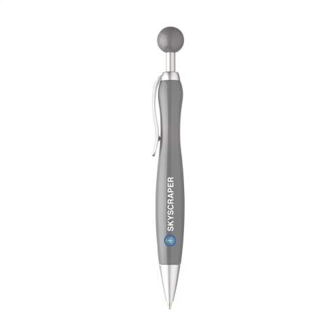 Blue ink ballpoint pen with spherical push button.