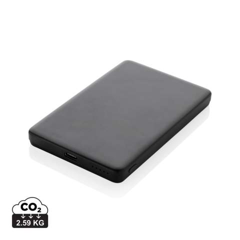 5.000 mAh ultra thin powerbank with 5W magnetic wireless charger where the case is made out of RCS certified recycled aluminum and recycled ABS plastic. RCS (Recycled Claim Standard) is a standard to verify the recycled content of a product throughout the whole supply chain. Total recycled content: 23 % based on total item weight. The powerbank contains a long lasting grade A 5.000 mAh lithium polymer battery. The power indicators will indicate the remaining energy level so you always know when to re-charge.; Type-C Input 5V/2.4A; USB C output:5V/2A.4A Item and accessories PVC free. Including RCS certified recycled TPE charging cable. Packed in FSC® mix packaging.<br /><br />WirelessCharging: true<br />PowerbankCapacity: 5000<br />PVC free: true