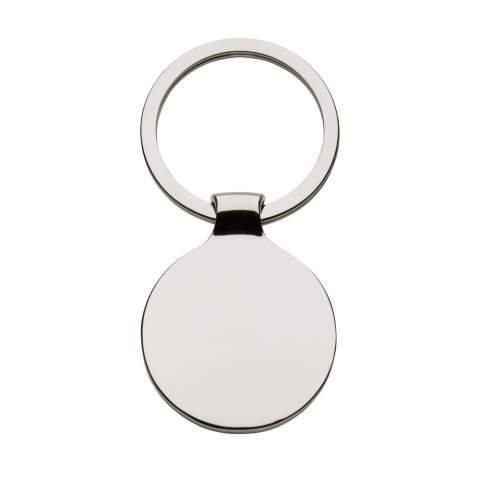 A round, polished, nickel metal keyring with black inlay and sturdy keyring. Each item is supplied in an individual brown cardboard envelope.