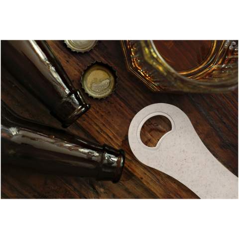 Bottle opener made of wheat straw for opening bottles of beer, soft drinks, etc. Wheat straw is left over stalk after wheat grains are harvested, which reduces the amount of plastic used.