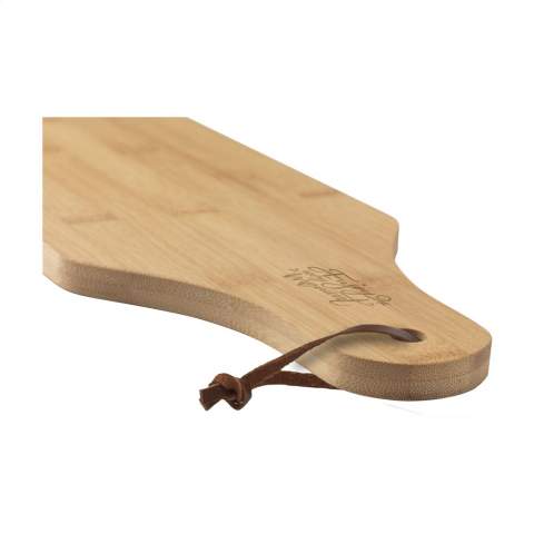 WoW! Serving board with leather cord. This board has a striking elongated shape and is ideal for serving tapas. Made from attractive and robust bamboo. Durable, ecologically sound, antibacterial and easy to clean.  NOTE: Due to the natural grains and contours of bamboo, we cannot guarantee consistency in depth/colour of the engraving. Each item is supplied in an individual brown cardboard box.
