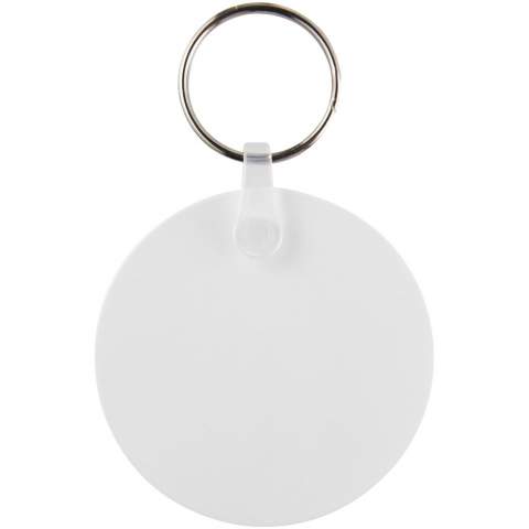 Porte-clés circulaire blanc avec anneau métal. L’anneau en forme de boucle métallique présente un profil plat idéal pour les envois.