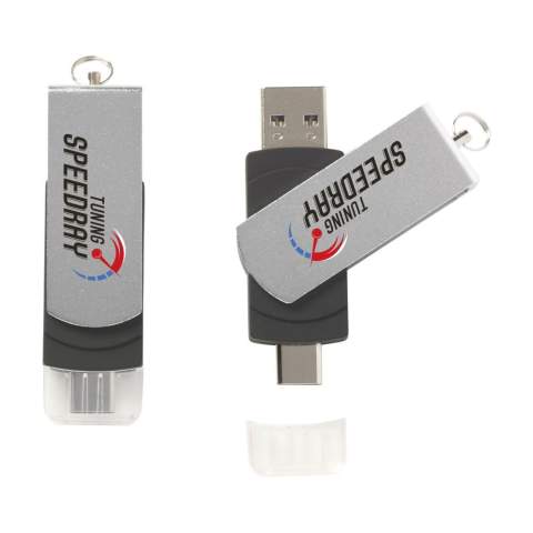 Stick with on one side a • USB (version 3.0) for the safe and handy storage and transport of files and on the other side a • Type-C (the new standard) connector cap to be used as storage for data from smartphones and tablets. With one movement, turn the ABS USB stick from the metal front which ensures optimum protection of the stick. With key ring. Compatible with 2.0 and 3.0 USB ports, PC and Mac. Up to 10 times faster read/write speeds in combination with 3.0 port. Ready for immediate use by 'Plug & Play' system. Usable on Windows, Mac and Linux. Each piece in a box. The price includes a one colour imprint on one side of the product.