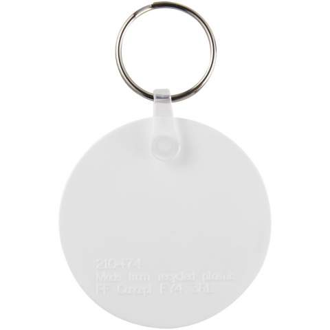 Porte-clés circulaire blanc avec anneau métal. L’anneau en forme de boucle métallique présente un profil plat idéal pour les envois.