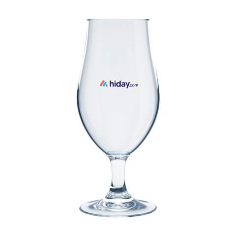 Plastic beerglass with stem, of the HappyGlass brand. Specially designed for serving chilled speciality beers. The tulip-shape of the glass enhances the taste and smell of the beer. Made from clear, transparent BPA-free Tritan copolyester plastic. Virtually unbreakable and lightweight. Well suited for use on (sports) events, festivals and concerts where often there is a glass ban. This quality glass is suitable for multiple use. Capacity 500 ml.