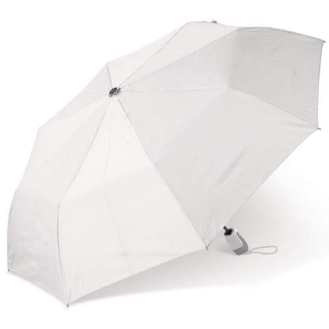 Beau parapluie pliable avec manche et poignée au design ergonomique. Les nervures du cadre sont en fibre de verre pour une durabilité accrue. Le cadre noir contraste agréablement avec le baldaquin blanc.