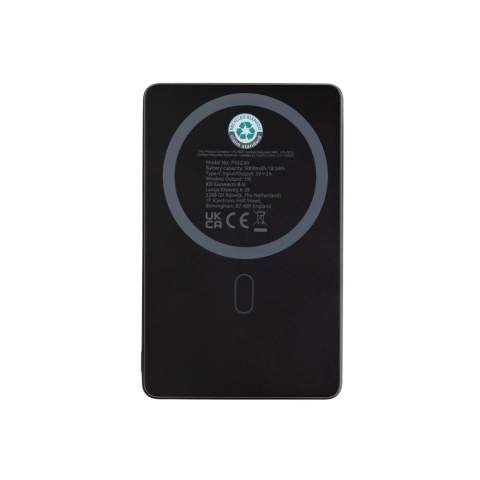 5.000 mAh ultra thin powerbank with 5W magnetic wireless charger where the case is made out of RCS certified recycled aluminum and recycled ABS plastic. RCS (Recycled Claim Standard) is a standard to verify the recycled content of a product throughout the whole supply chain. Total recycled content: 23 % based on total item weight. The powerbank contains a long lasting grade A 5.000 mAh lithium polymer battery. The power indicators will indicate the remaining energy level so you always know when to re-charge.; Type-C Input 5V/2.4A; USB C output:5V/2A.4A Item and accessories PVC free. Including RCS certified recycled TPE charging cable. Packed in FSC® mix packaging.<br /><br />WirelessCharging: true<br />PowerbankCapacity: 5000<br />PVC free: true