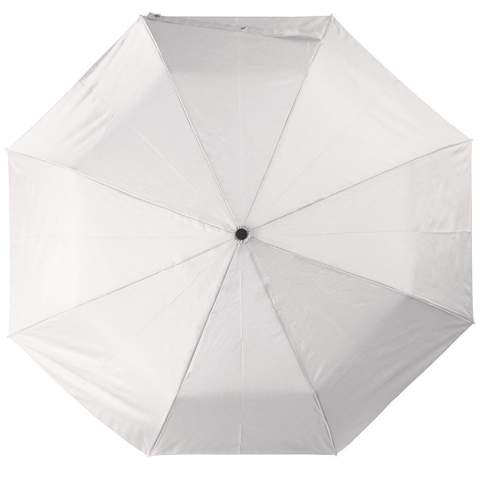 Beau parapluie pliable avec manche et poignée au design ergonomique. Les nervures du cadre sont en fibre de verre pour une durabilité accrue. Le cadre noir contraste agréablement avec le baldaquin blanc.