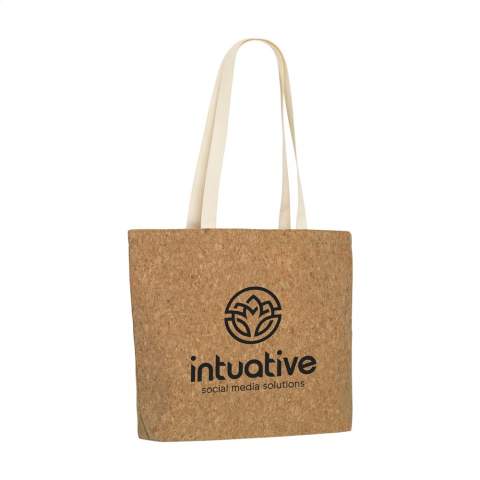 WoW! Cork bag with a striking design. With long handles made from woven cotton. A beautiful combination of natural materials. The bag is suitable as a shopping bag or beach bag. Capacity approx. 11 litres.  For information: due to the coarseness of the fabric, the ability to imprint small details of a logo, thin lines and small letters is limited. We may therefore, after receiving your logo, advise you to adjust or enlarge the logo. Imprint is only possible in black.