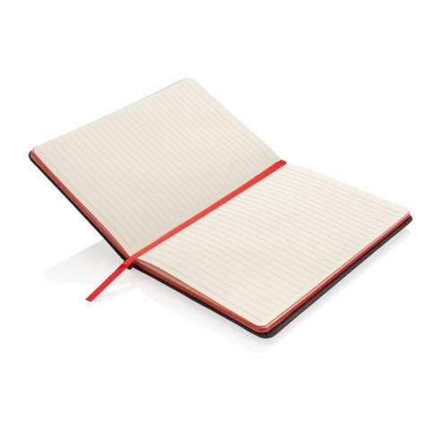 Carnet de notes A5 gris foncé avec bord coloré avec 80 feuilles/160 pages de 78g/m² (papier crème), bande élastique, marque-page et porte-stylo unique.
