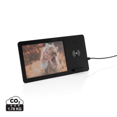 Keep in touch with your loved ones while charging your phone with this 5W wireless charger with photo frame. The photo frame fits pictures up to 10 x15 cm. Including 150 cm PVC free TPE micro usb cable.  Wireless charging compatible with all QI enabled devices like Android latest generation, iPhone 8 and up. Input: 5V/2A; Output: 5/1A - 5W<br /><br />WirelessCharging: true