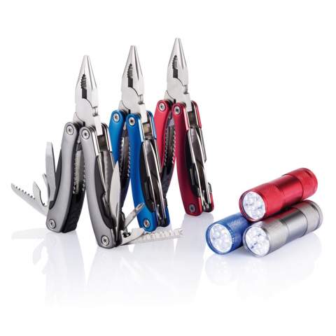 Set with 14 functions, stainless steel multitool with aluminium anodised handle and aluminium torch with 9 white LED’s.<br /><br />Lightsource: COB LED<br />LightsourceQty: 9