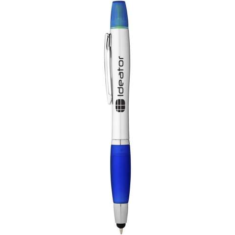 Twist action mechanism stylus ballpoint pen with highlighter and soft touch grip.