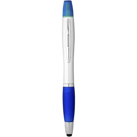 Twist action mechanism stylus ballpoint pen with highlighter and soft touch grip.