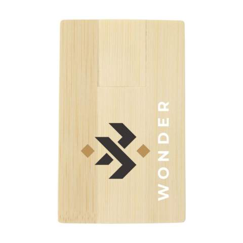 ECO bamboo USB stick (version 2.0) for the safe and handy storage and transport of files. Because it has the form of a credit card, it is slim enough to store in your wallet. Ready for immediate use due to the practical "Plug & Play" system. Compatible with Windows, Mac and Linux. Each item is supplied in an individual brown cardboard box. The price includes a one colour imprint on one side of the product.