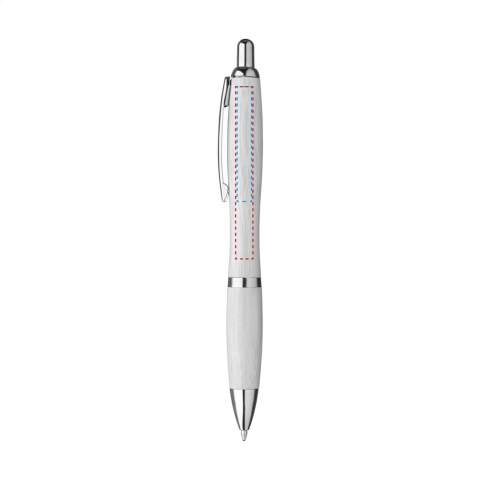 WoW! Blauwschrijvende, eco-vriendelijke bamboe pen met metalen clip en zilverkleurige accenten.